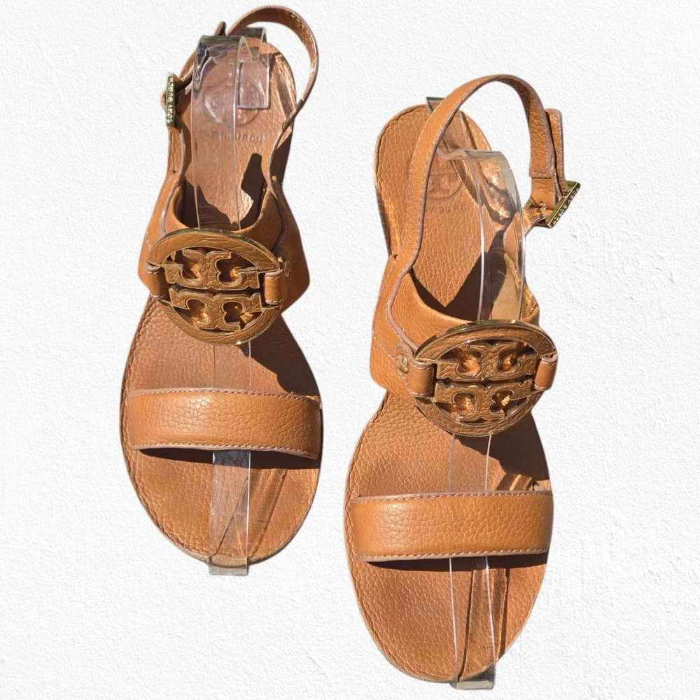 Tory Burch Tan Leather Miller Wedge Sandals Logo Slingback Heels Size 10.5M
